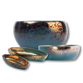 Handcrafted ceramic bowl set in Green Fusion tones, including serving and salad bowls