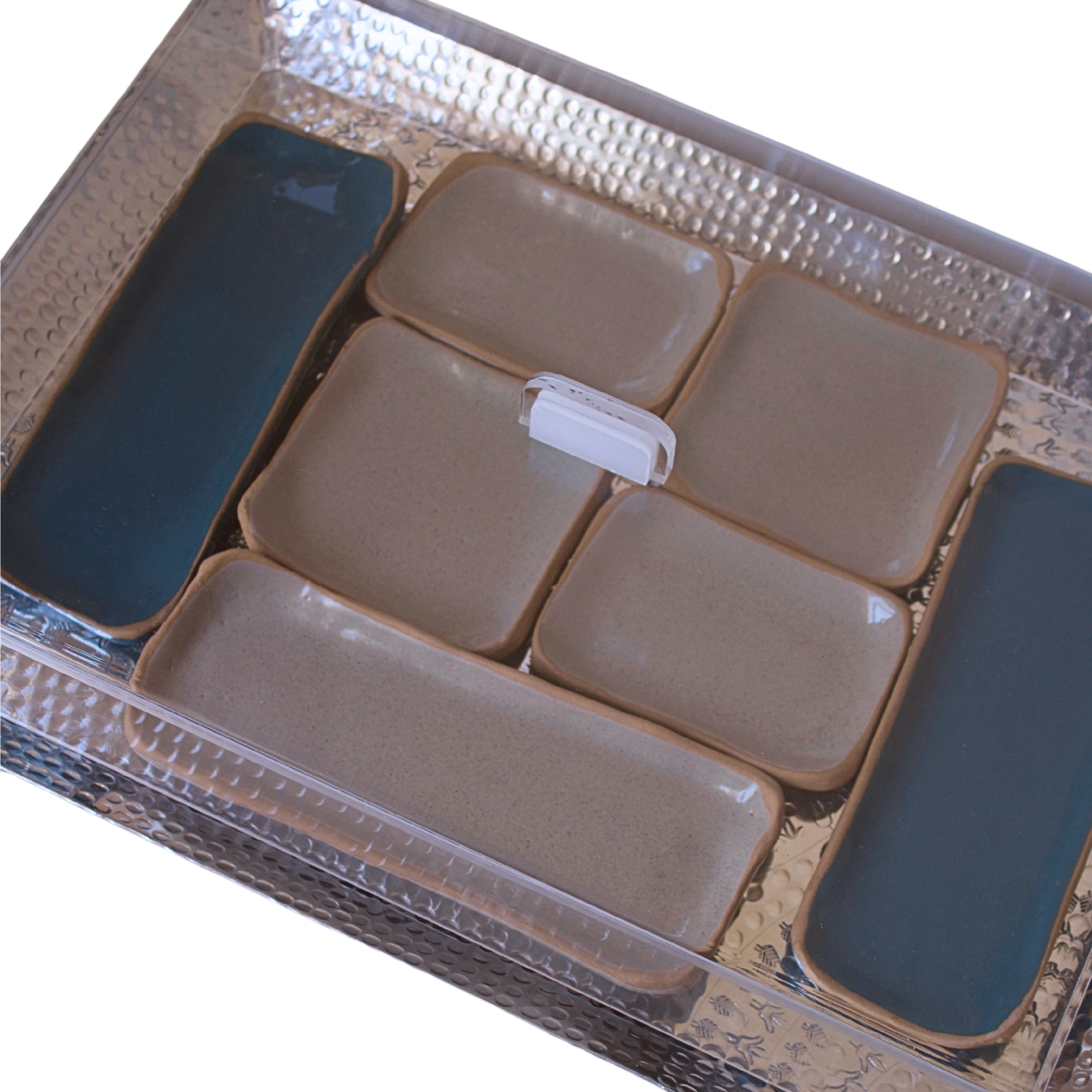 Platter Mania 7-in-1 Spring Edition set with handcrafted stoneware platters, aluminum tray, and plexiglass cover