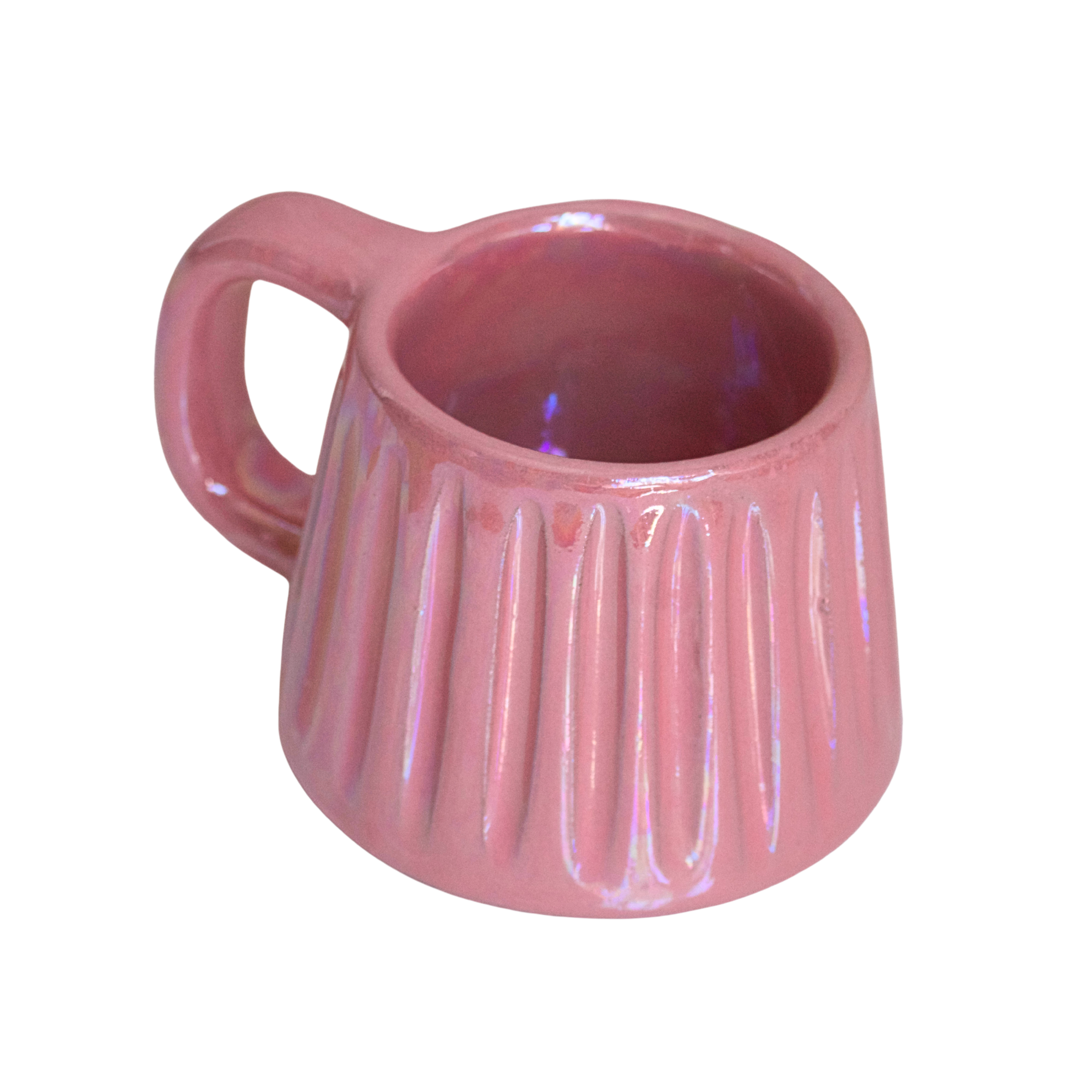 Handcrafted ceramic mug with an iridescent blush pink glaze, featuring a soft, rounded form and a comfortable handle. A warm, rosy glow that brings charm and calm to every sip.

