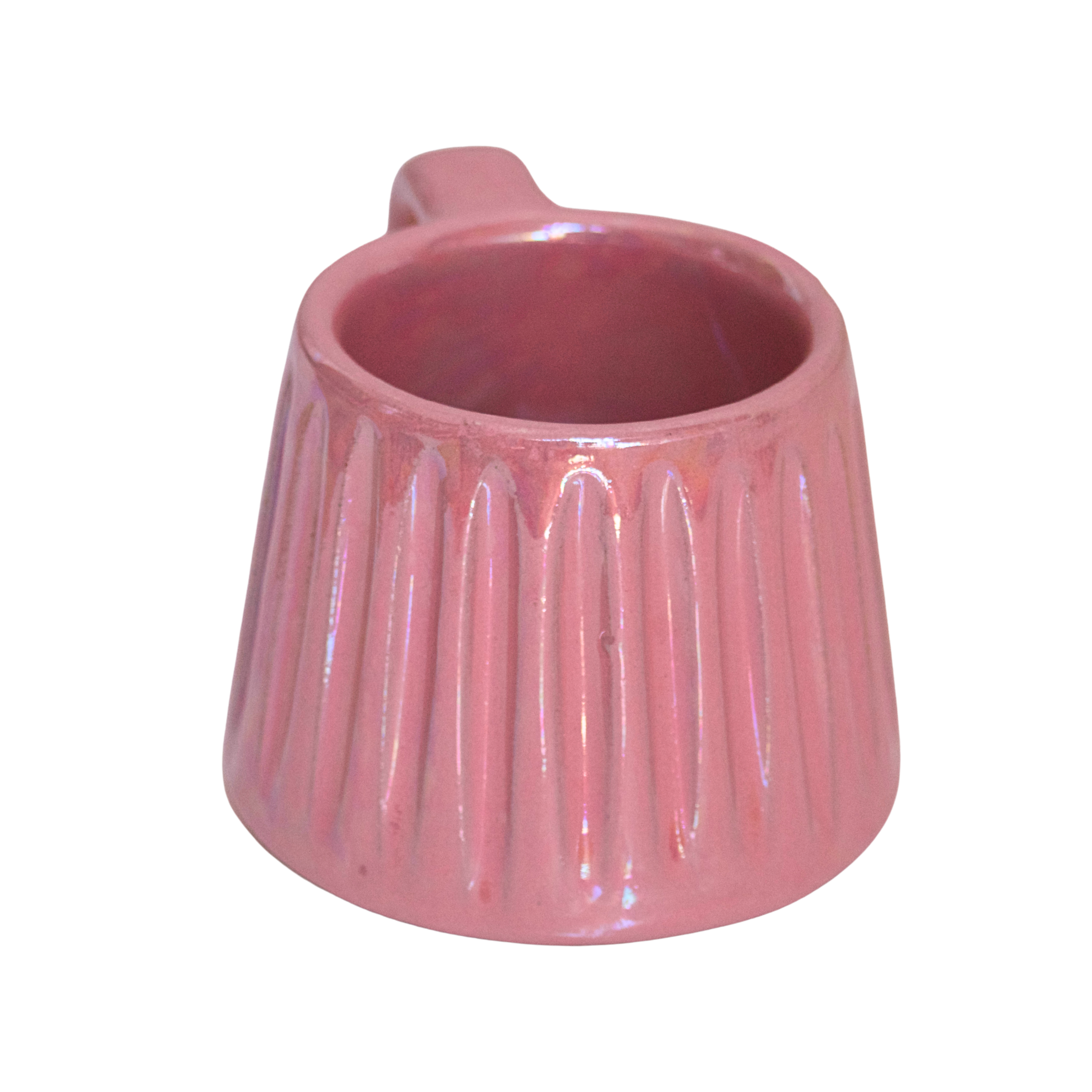 Handcrafted ceramic mug with an iridescent blush pink glaze, featuring a soft, rounded form and a comfortable handle. A warm, rosy glow that brings charm and calm to every sip.

