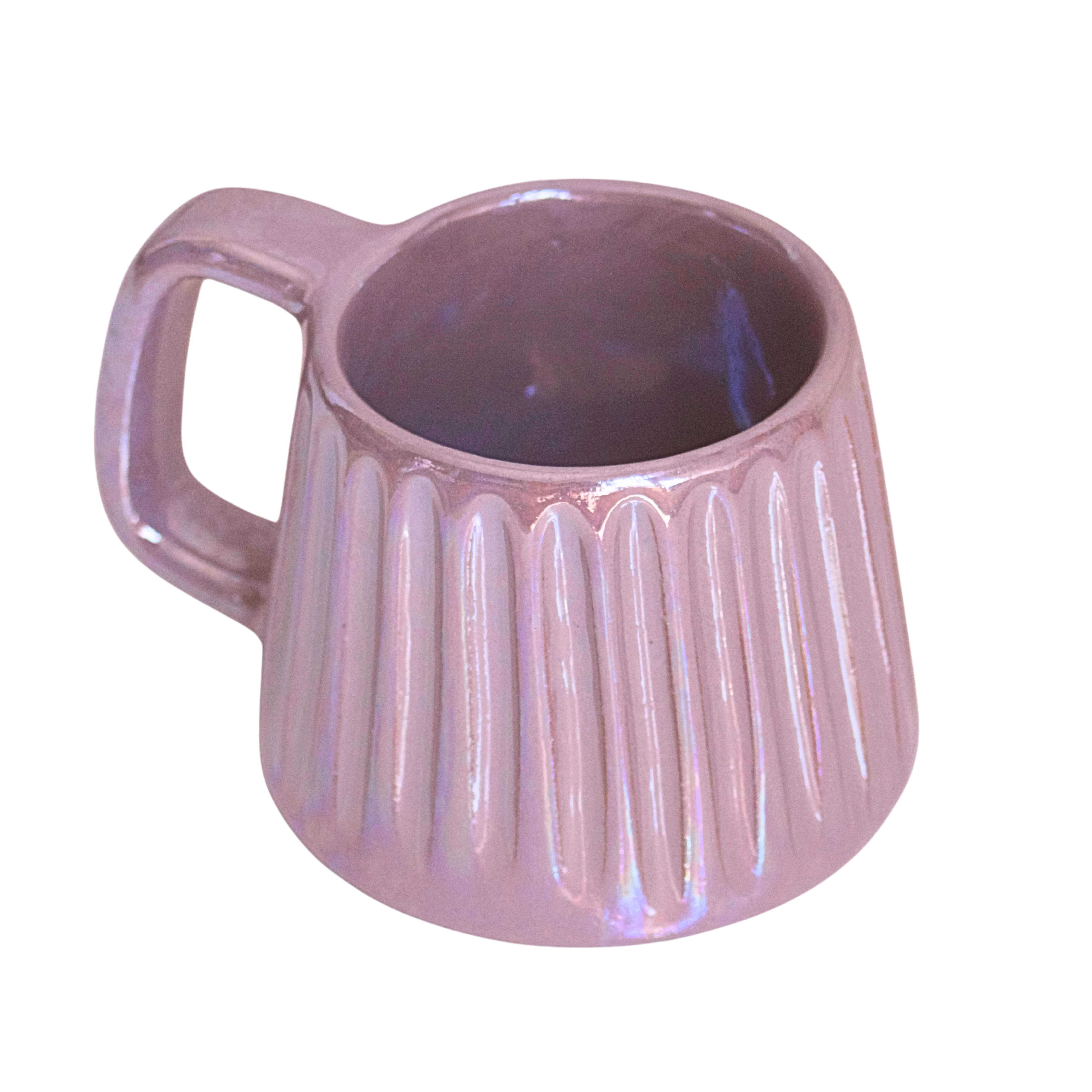 Handcrafted ceramic mug with an iridescent lavender glaze, blending soft purple tones with a subtle shimmer. Its soothing hue and elegant form bring calm and comfort to every sip.

