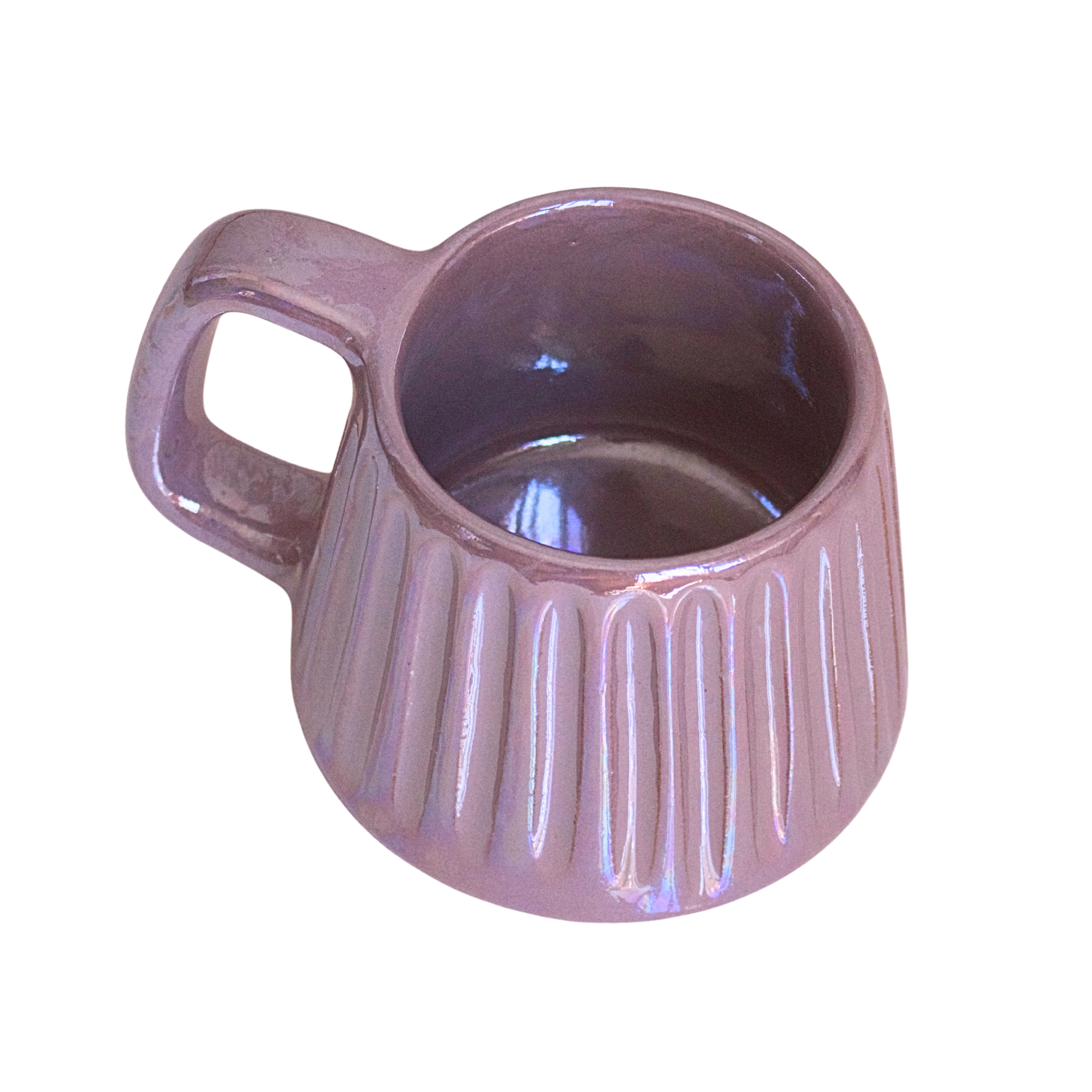 Handcrafted ceramic mug with an iridescent lavender glaze, blending soft purple tones with a subtle shimmer. Its soothing hue and elegant form bring calm and comfort to every sip.

