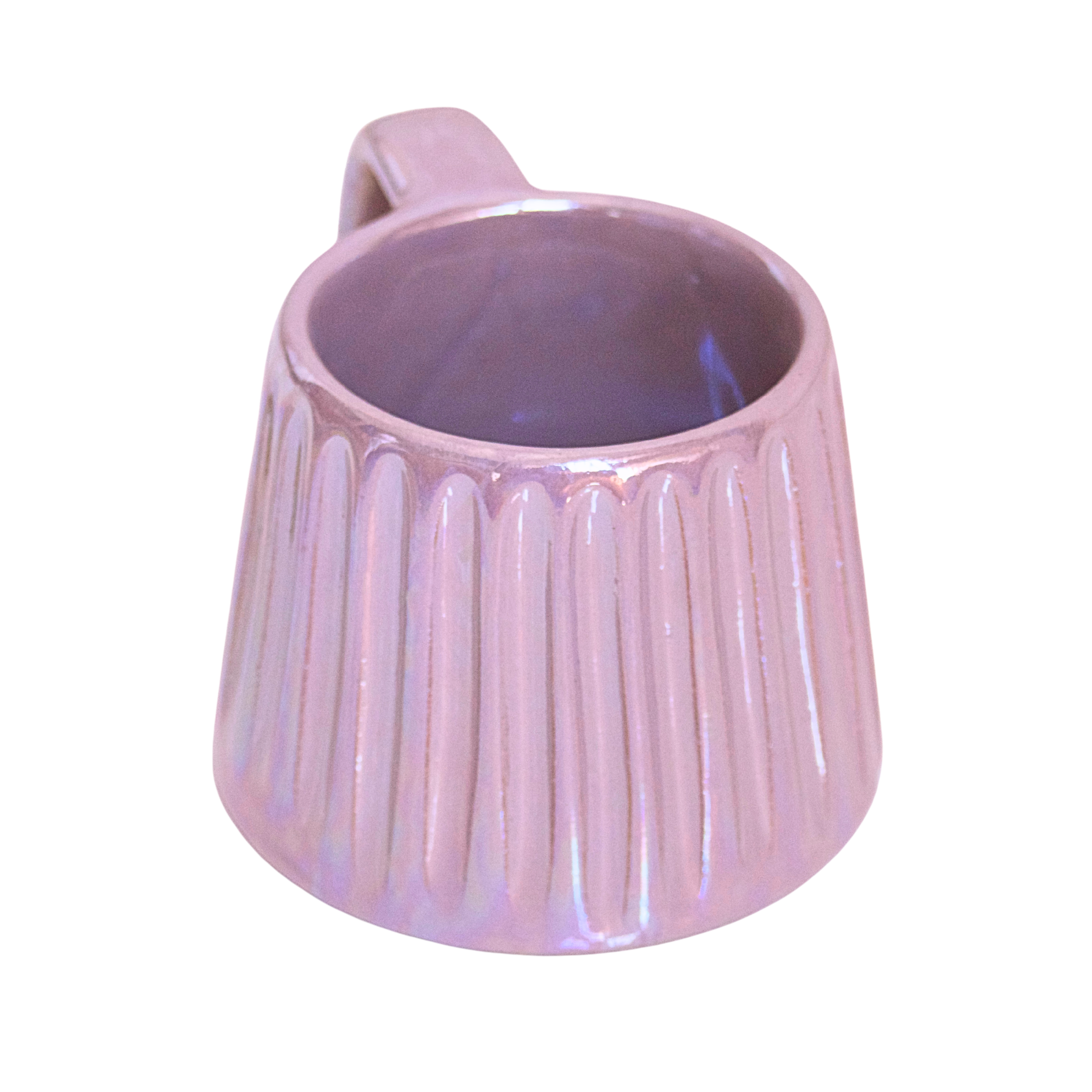 Handcrafted ceramic mug with an iridescent lavender glaze, blending soft purple tones with a subtle shimmer. Its soothing hue and elegant form bring calm and comfort to every sip.

