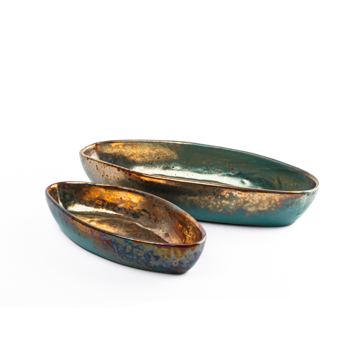 Handcrafted ceramic bowl set in Green Fusion tones, including serving and salad bowls
