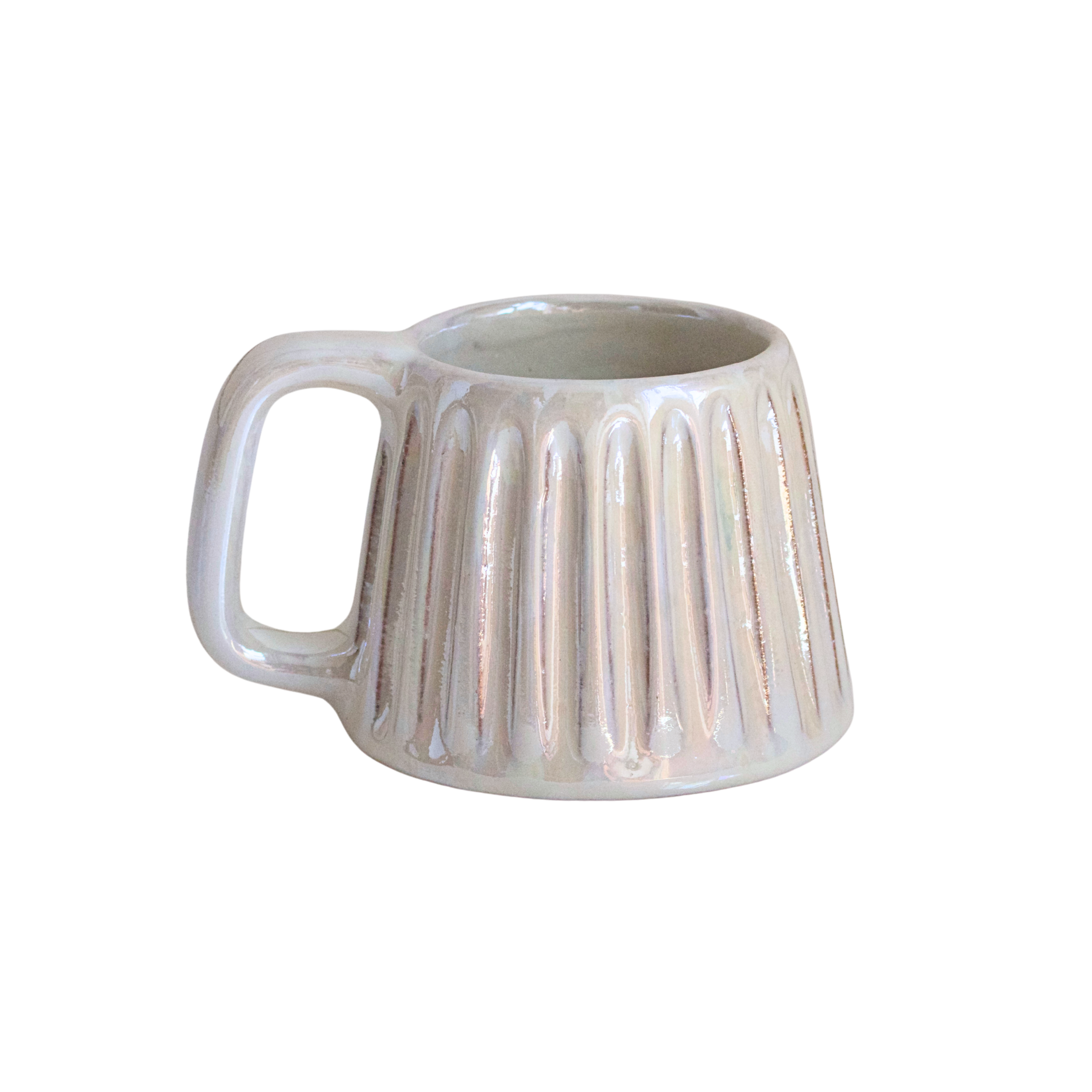 Handcrafted ceramic mug in a soft pearlescent white glaze, featuring a smooth, rounded shape and a minimalist handle. Perfect for elevating everyday rituals with a touch of elegance and simplicity.


