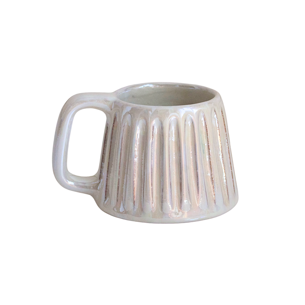 Handcrafted ceramic mug in a soft pearlescent white glaze, featuring a smooth, rounded shape and a minimalist handle. Perfect for elevating everyday rituals with a touch of elegance and simplicity.

