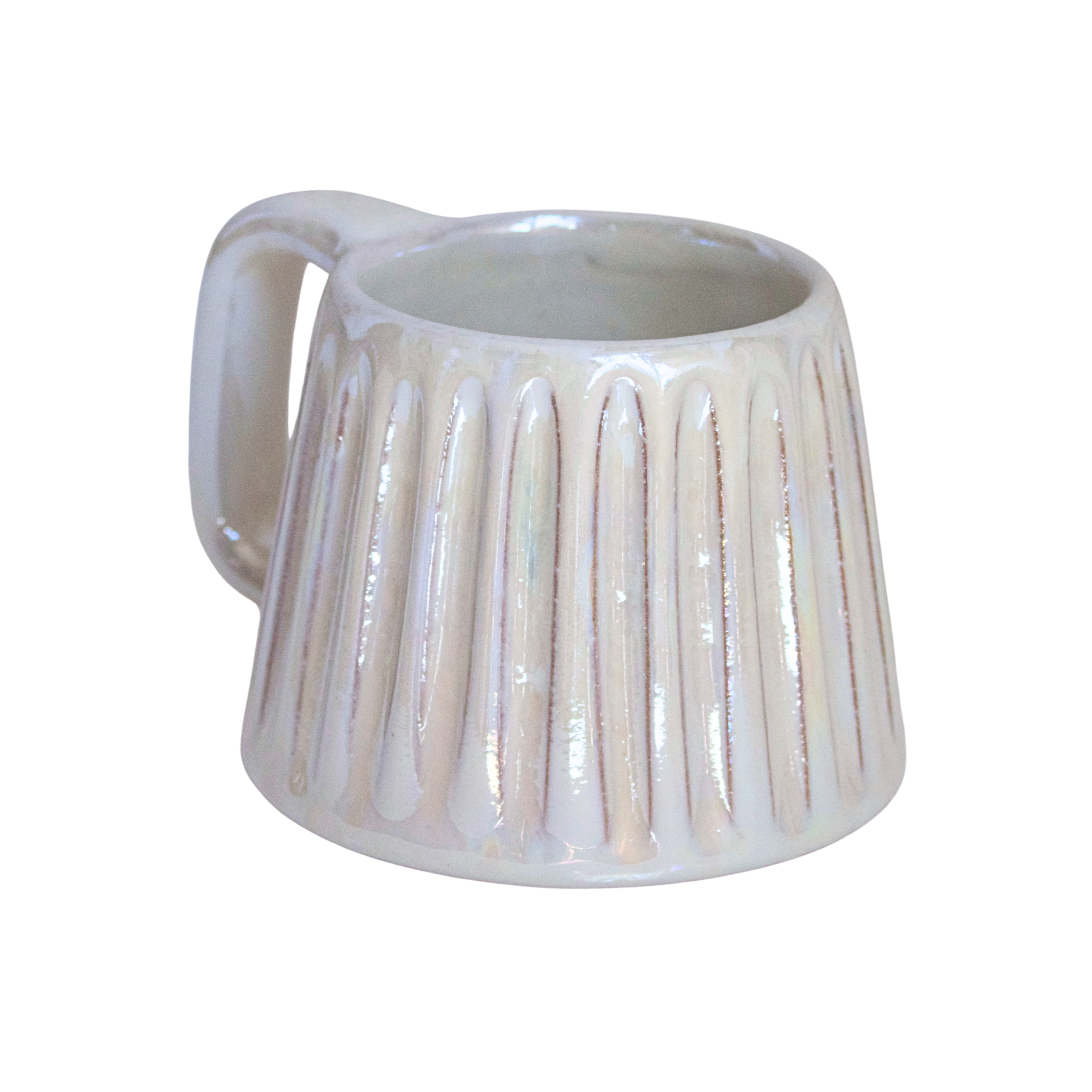 Handcrafted ceramic mug in a soft pearlescent white glaze, featuring a smooth, rounded shape and a minimalist handle. Perfect for elevating everyday rituals with a touch of elegance and simplicity.

